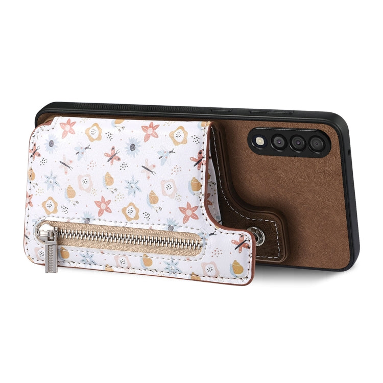Samsung Galaxy A04e Retro Painted Zipper Wallet Case showcasing its stylish design and functional features.